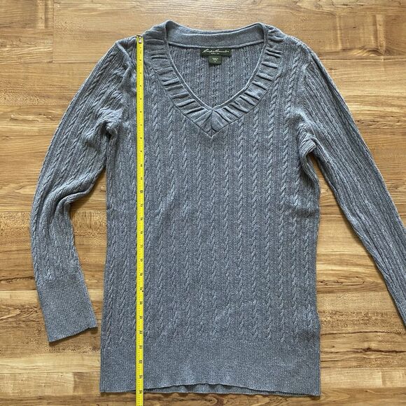 EDDIE BAUER M Y2K Gray Cable Knit V-Neck Long-Sleeve Sweater Bella Swan Preppy - Picture 16 of 16